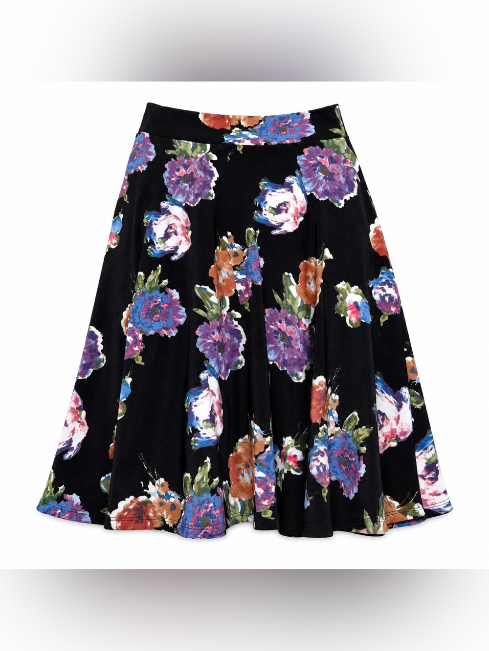Agnes & Dora Black Floral Circle Skirt with Purple, Blue & Orange Blooms